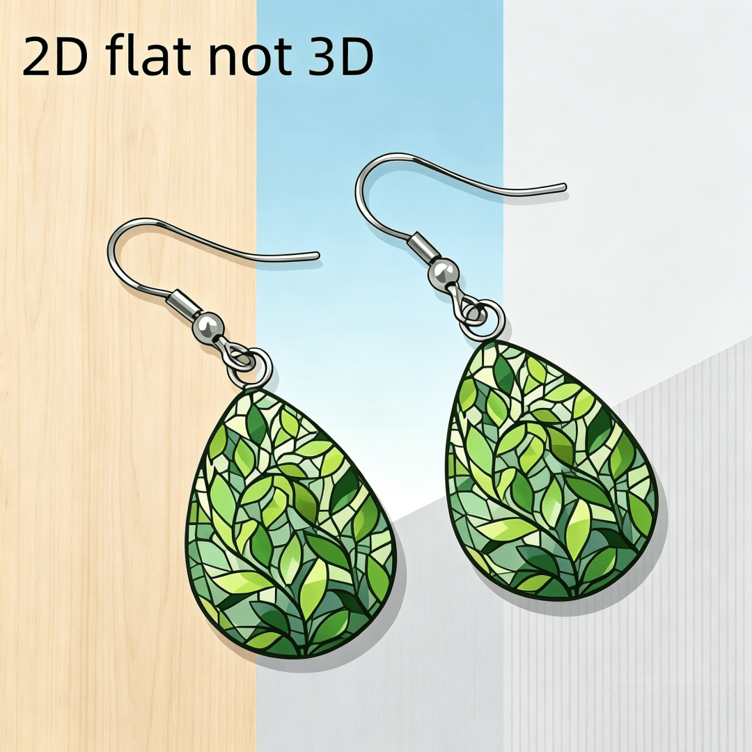 2D Flat Green Leaf Stained Glass Teardrop Dangle Earrings